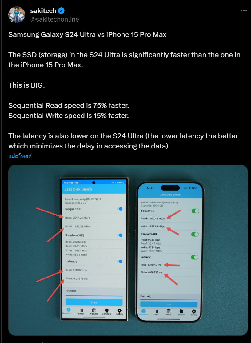 สกรีนช็อต 2024 01 22 114752 | apple | ผลทดสอบ Galaxy S24 Ultra มีประสิทธิภาพจัดเก็บข้อมูลเหนือกว่า iPhone 15 Pro Max มากถึง 75%
